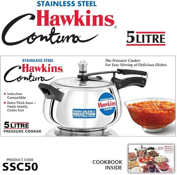 Hawkins 5 Litre Contura Pressure Cooker, Stainless Steel Inner Lid Cooker, Handi Cooker, Induction Cooker, Silver