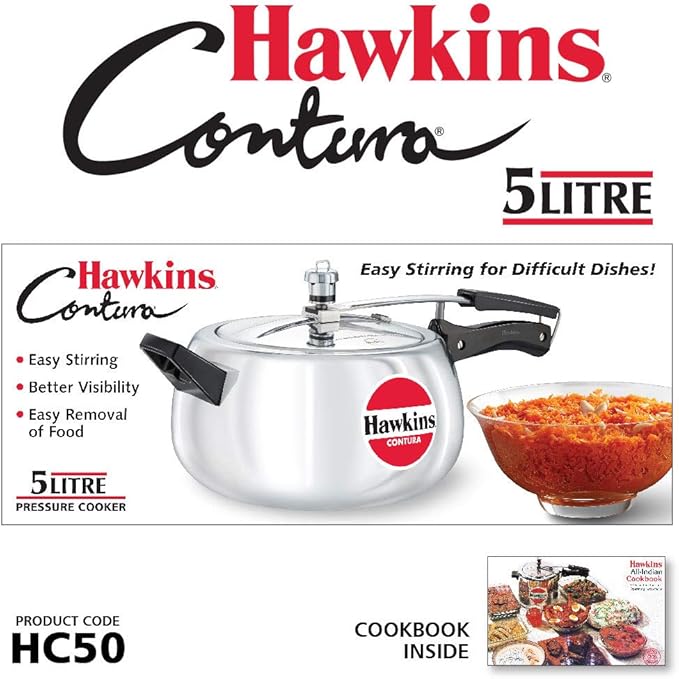 Hawkins 5 Litre Contura Pressure Cooker, Handi Inner Lid Cooker, Silver (HC50), Aluminium
