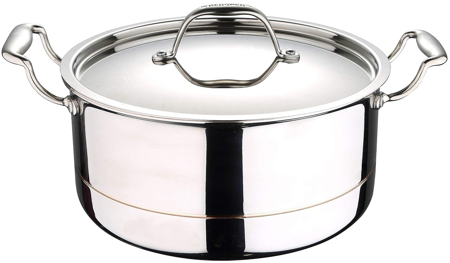 BERGNER Argent 5Cx 5-Ply Copper Core Stainless Steel Cooking Casserole/Biryani Pot/Handi with Lid,Induction Base, 24 Cm (4.9Ltr), Gas Ready,Non-Stick, 4.9 Liter