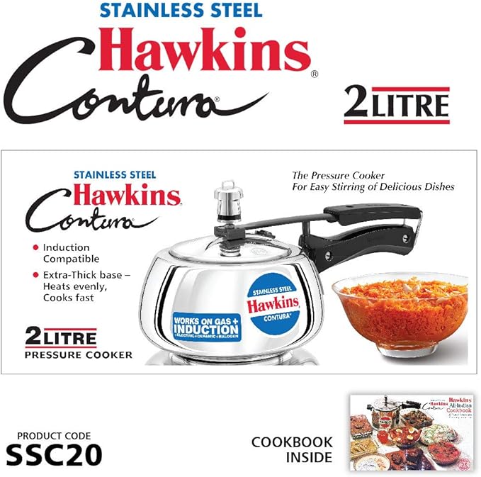 Hawkins 2 Litre Contura Pressure Cooker, Stainless Steel Inner Lid Cooker, Handi Cooker, Induction Cooker, Small Cooker, Silver