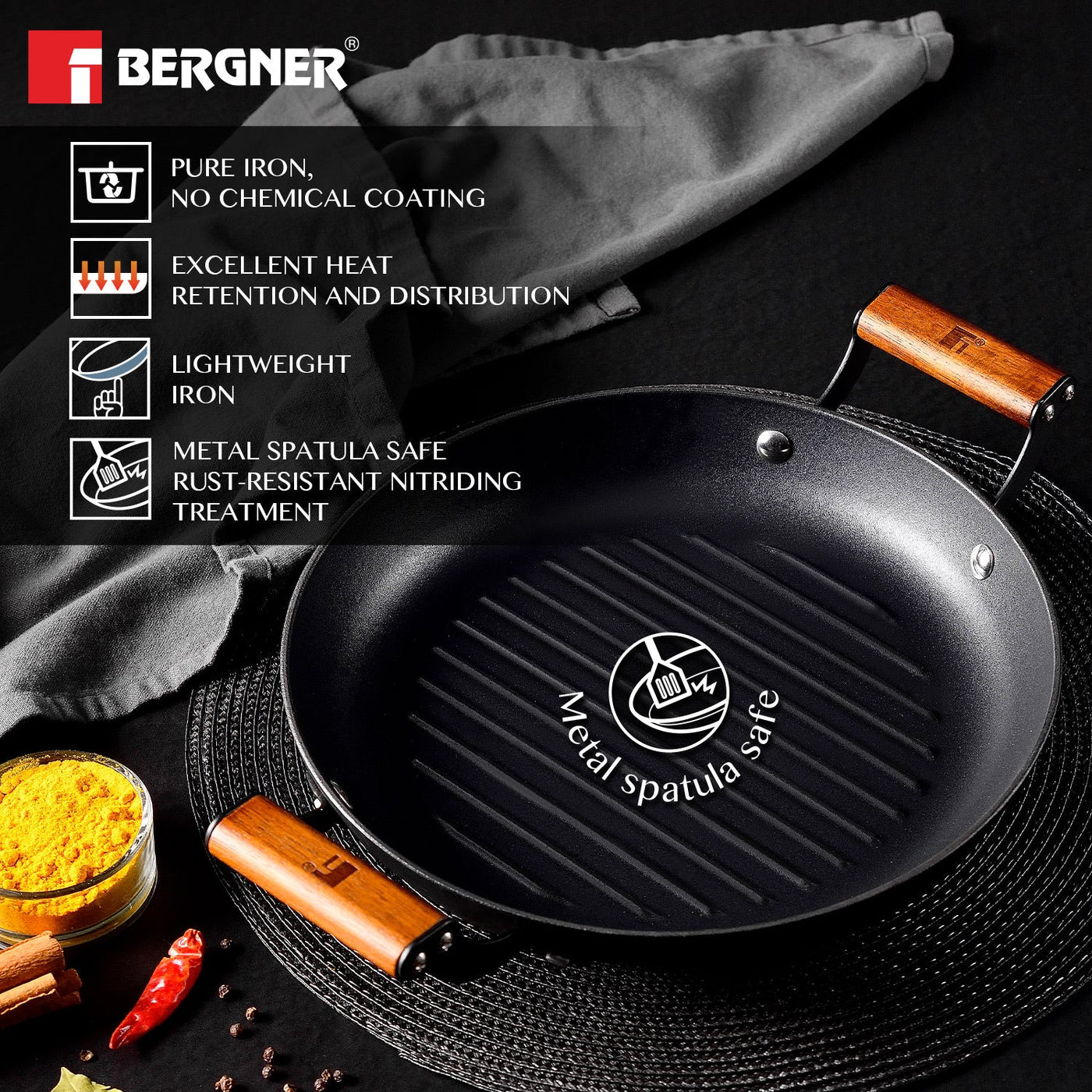 Bergner Odin 28 cm Lightweight Iron Grill Plate with Wooden Coated Handle - Induction Bottom