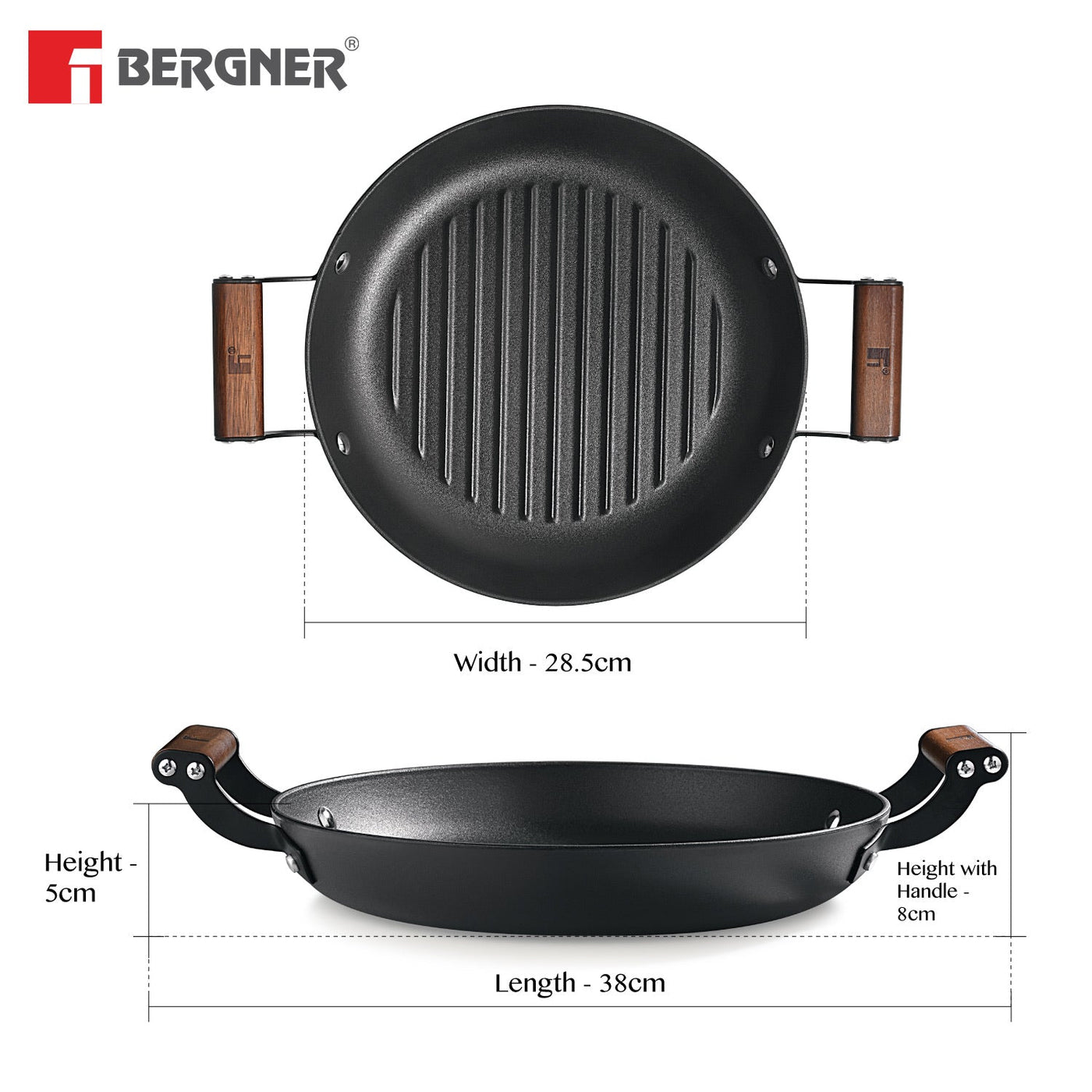 Bergner Odin 28 cm Lightweight Iron Grill Plate with Wooden Coated Handle - Induction Bottom