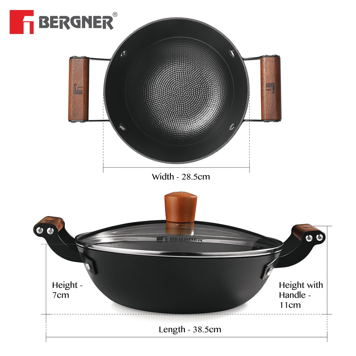 Bergner Odin Lightweight Iron Kadai with Glass Lid, Enamel Finish - Induction Bottom