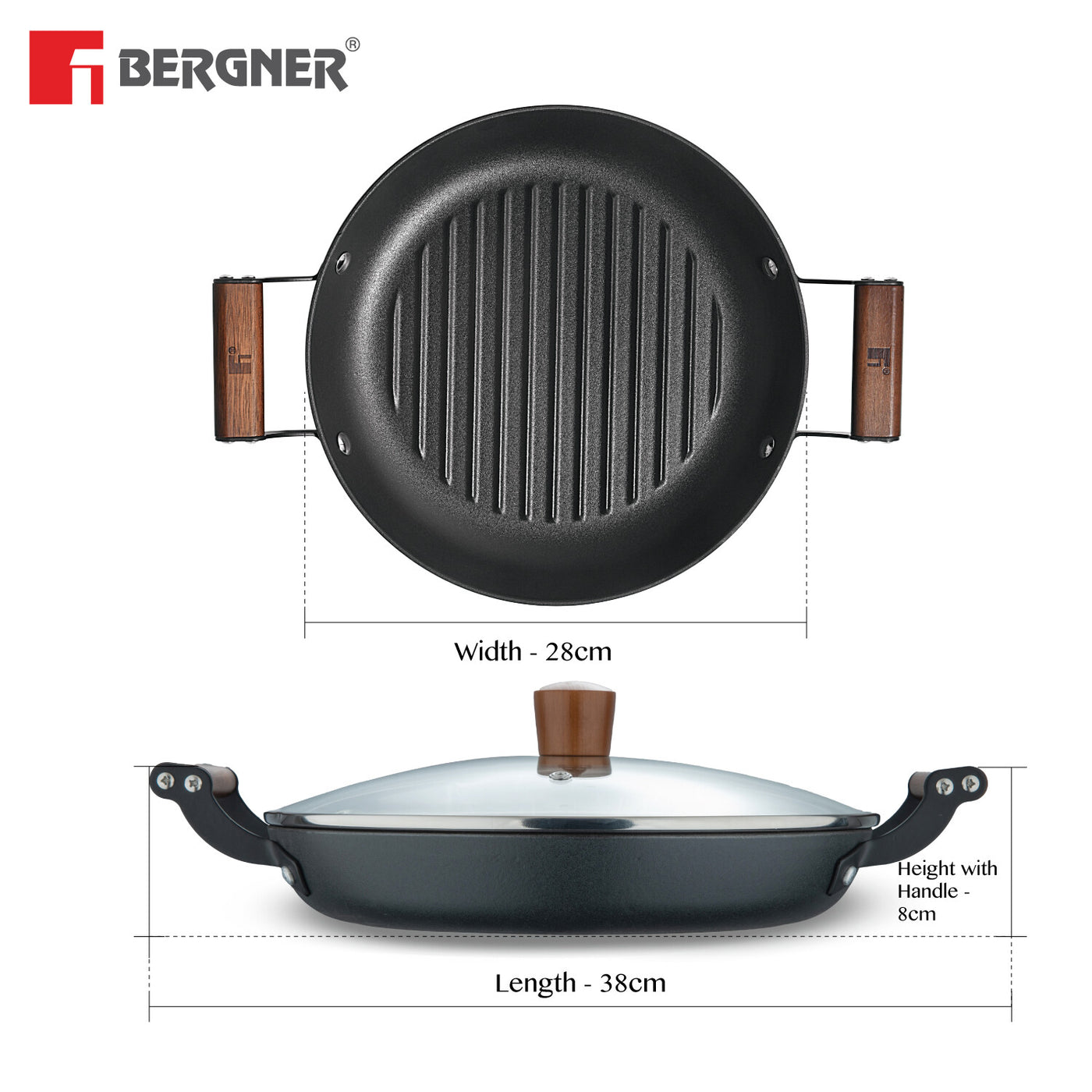 Bergner Odin Lightweight Iron 28cm Grill Pan with Glass Lid, Enamel Finish - Induction Bottom