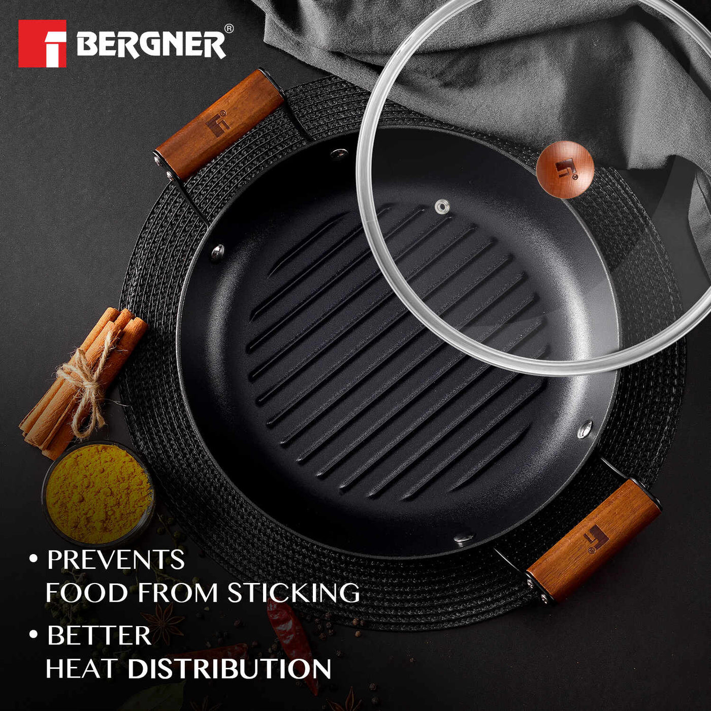 Bergner Odin Lightweight Iron 28cm Grill Pan with Glass Lid, Enamel Finish - Induction Bottom