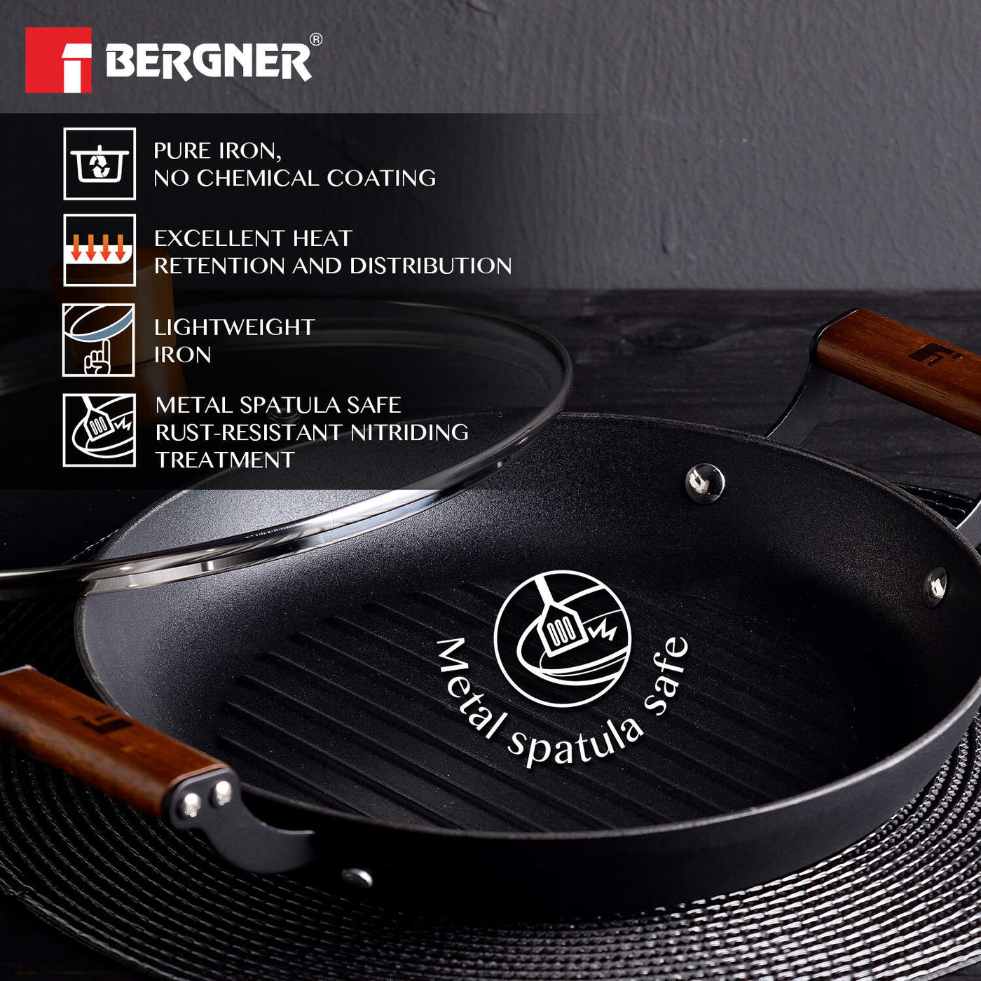 Bergner Odin Lightweight Iron 28cm Grill Pan with Glass Lid, Enamel Finish - Induction Bottom