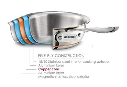 BERGNER Argent 5Cx 5-Ply Copper Core Stainless Steel Cooking Casserole/Biryani Pot/Handi with Lid,Induction Base, 24 Cm (4.9Ltr), Gas Ready,Non-Stick, 4.9 Liter