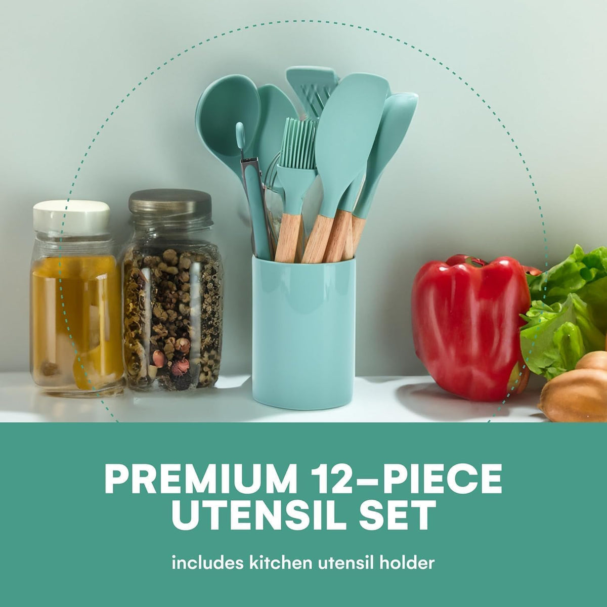 VIVA SMART 12 Pcs Silicone Kitchen Utensils Set with Holder | Heat Resistant Non-Stick Cooking Tools with Wooden Handles | Spatula, Spoon, Turner, Tongs Set | BPA Free Kitchen Accessories (12 PCS Set)