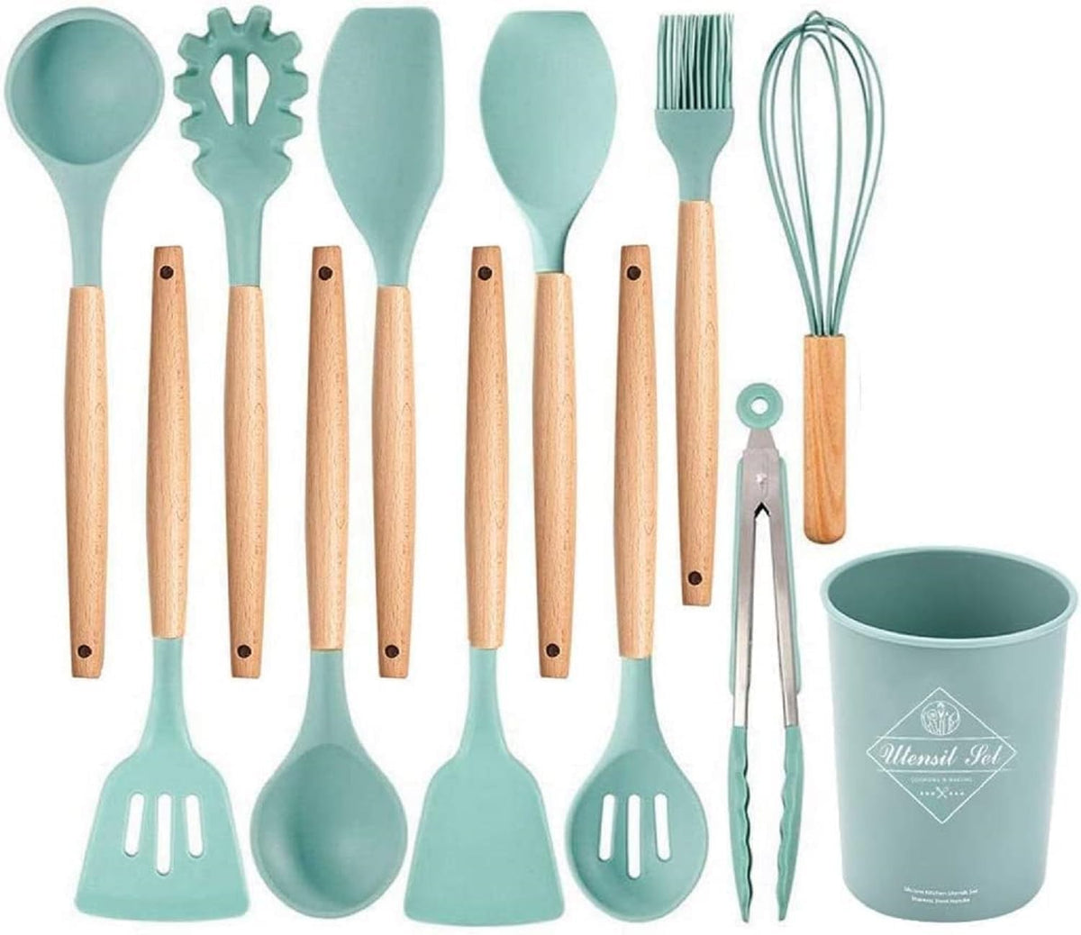 VIVA SMART 12 Pcs Silicone Kitchen Utensils Set with Holder | Heat Resistant Non-Stick Cooking Tools with Wooden Handles | Spatula, Spoon, Turner, Tongs Set | BPA Free Kitchen Accessories (12 PCS Set)