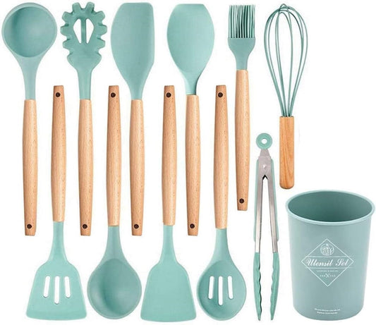 VIVA SMART 12 Pcs Silicone Kitchen Utensils Set with Holder | Heat Resistant Non-Stick Cooking Tools with Wooden Handles | Spatula, Spoon, Turner, Tongs Set | BPA Free Kitchen Accessories (12 PCS Set)