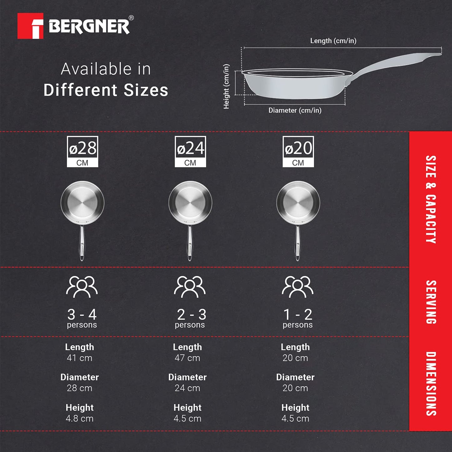 Bergner Argent 5CX 5-Ply Stainless Steel Fry Pan with Riveted Cast Handle & Induction Base Copper Core Base