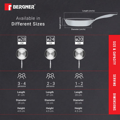 Bergner Argent 5CX 5-Ply Stainless Steel Fry Pan with Riveted Cast Handle & Induction Base Copper Core Base