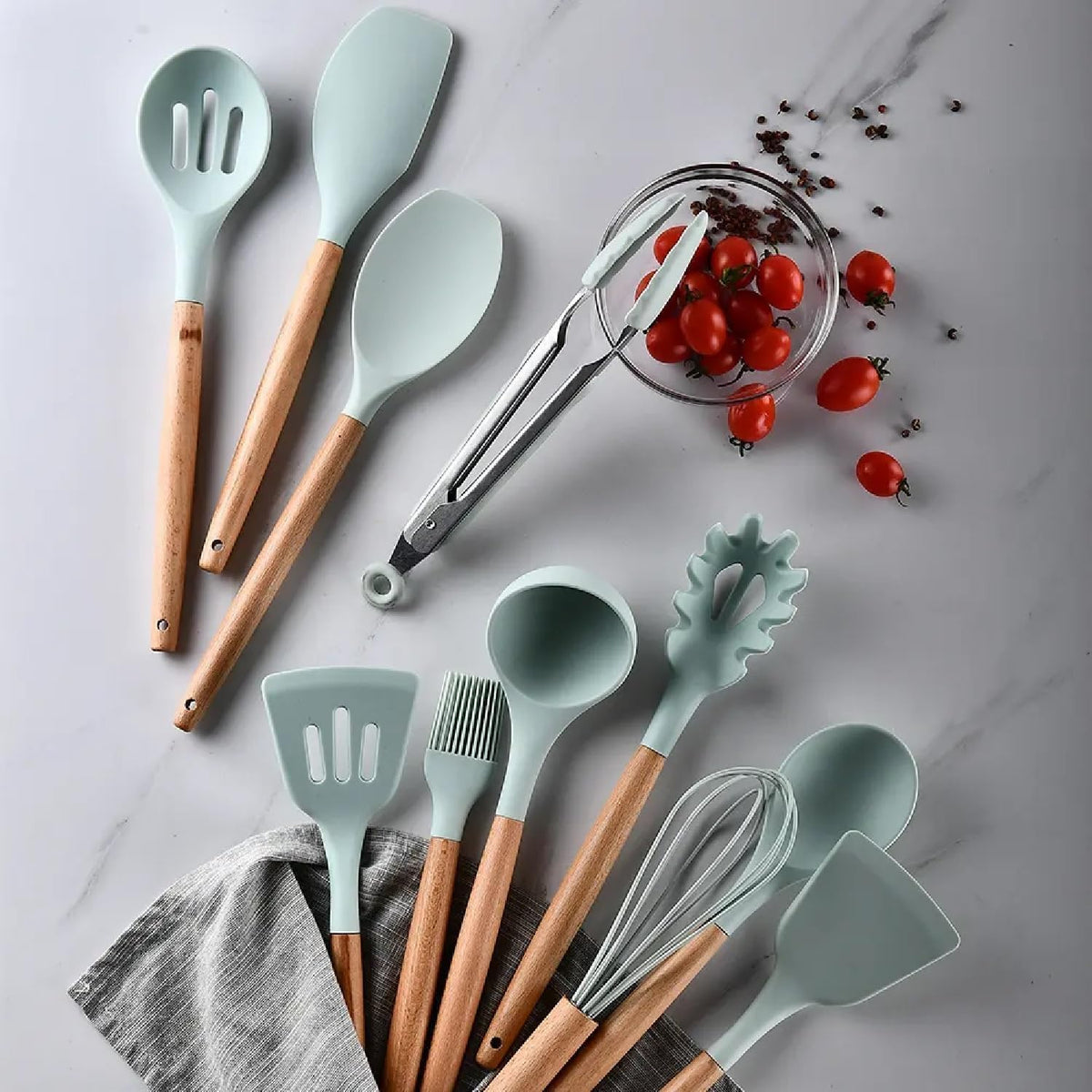 VIVA SMART 12 Pcs Silicone Kitchen Utensils Set with Holder | Heat Resistant Non-Stick Cooking Tools with Wooden Handles | Spatula, Spoon, Turner, Tongs Set | BPA Free Kitchen Accessories (12 PCS Set)