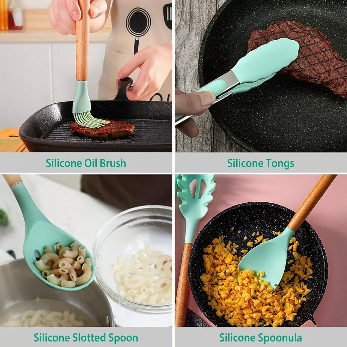 VIVA SMART 12 Pcs Silicone Kitchen Utensils Set with Holder | Heat Resistant Non-Stick Cooking Tools with Wooden Handles | Spatula, Spoon, Turner, Tongs Set | BPA Free Kitchen Accessories (12 PCS Set)
