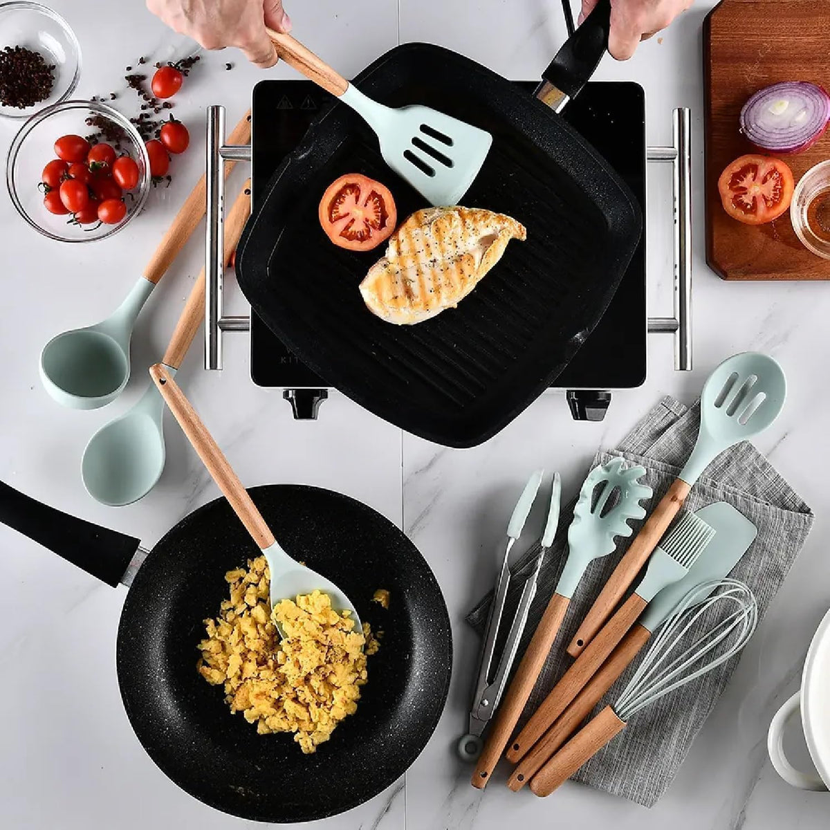 VIVA SMART 12 Pcs Silicone Kitchen Utensils Set with Holder | Heat Resistant Non-Stick Cooking Tools with Wooden Handles | Spatula, Spoon, Turner, Tongs Set | BPA Free Kitchen Accessories (12 PCS Set)