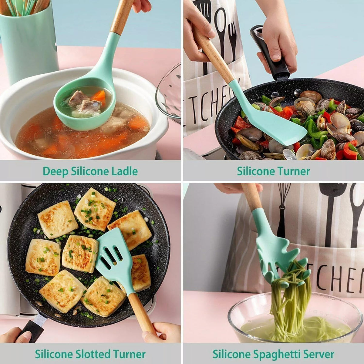 VIVA SMART 12 Pcs Silicone Kitchen Utensils Set with Holder | Heat Resistant Non-Stick Cooking Tools with Wooden Handles | Spatula, Spoon, Turner, Tongs Set | BPA Free Kitchen Accessories (12 PCS Set)