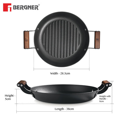 Bergner Odin 28 cm Lightweight Iron Grill Plate with Wooden Coated Handle - Induction Bottom