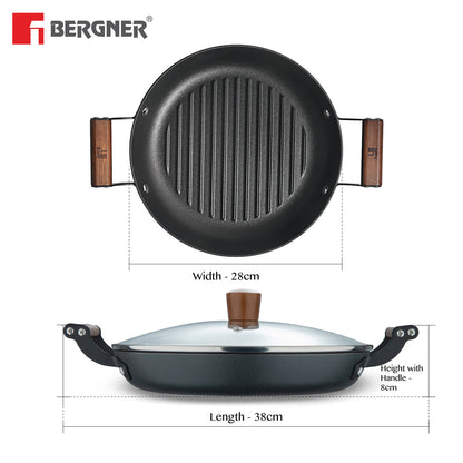 Bergner Odin Lightweight Iron 28cm Grill Pan with Glass Lid, Enamel Finish - Induction Bottom