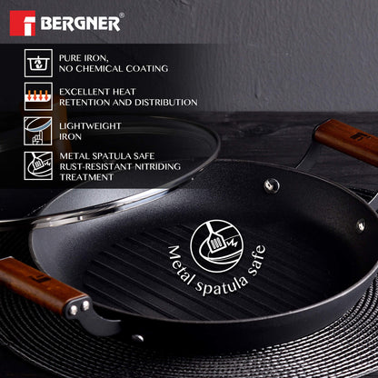 Bergner Odin Lightweight Iron 28cm Grill Pan with Glass Lid, Enamel Finish - Induction Bottom
