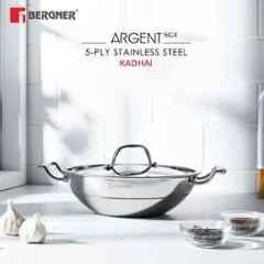 Bergner Argent 5CX  Silver Stainless Steel Kadhai with Stainless Steel Lid Copper Core