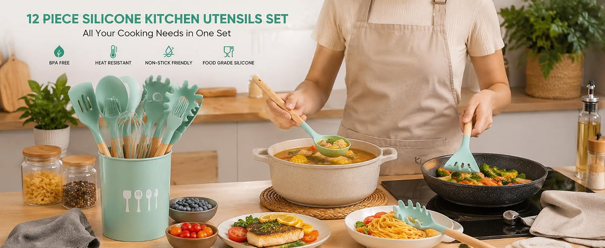 VIVA SMART 12 Pcs Silicone Kitchen Utensils Set with Holder | Heat Resistant Non-Stick Cooking Tools with Wooden Handles | Spatula, Spoon, Turner, Tongs Set | BPA Free Kitchen Accessories (12 PCS Set)
