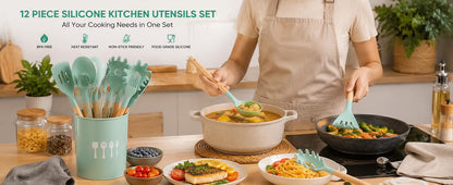 VIVA SMART 12 Pcs Silicone Kitchen Utensils Set with Holder | Heat Resistant Non-Stick Cooking Tools with Wooden Handles | Spatula, Spoon, Turner, Tongs Set | BPA Free Kitchen Accessories (12 PCS Set)